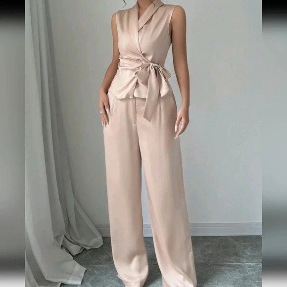 2pcs Solid Color Tie Front Sleeveless Top And Pants Casual Suit Set - Picture 3 of 5
